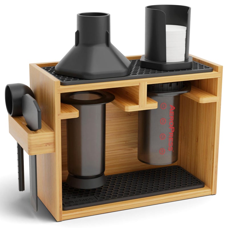 HEXNUB â€“ Bamboo Organizer for AeroPress, Coffee Caddy Station Holds AeroPress Coffee Maker, Accessories, Filters, Cups, Stand includes Dripper Mats (Black) - Image 1